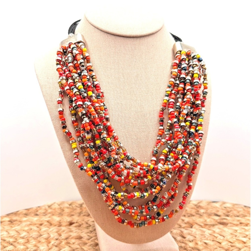 Vintage Artisan 14-Strand Boho Necklace Multicolor Glass Bead Layered Tribal Bib - Picture 4 of 6